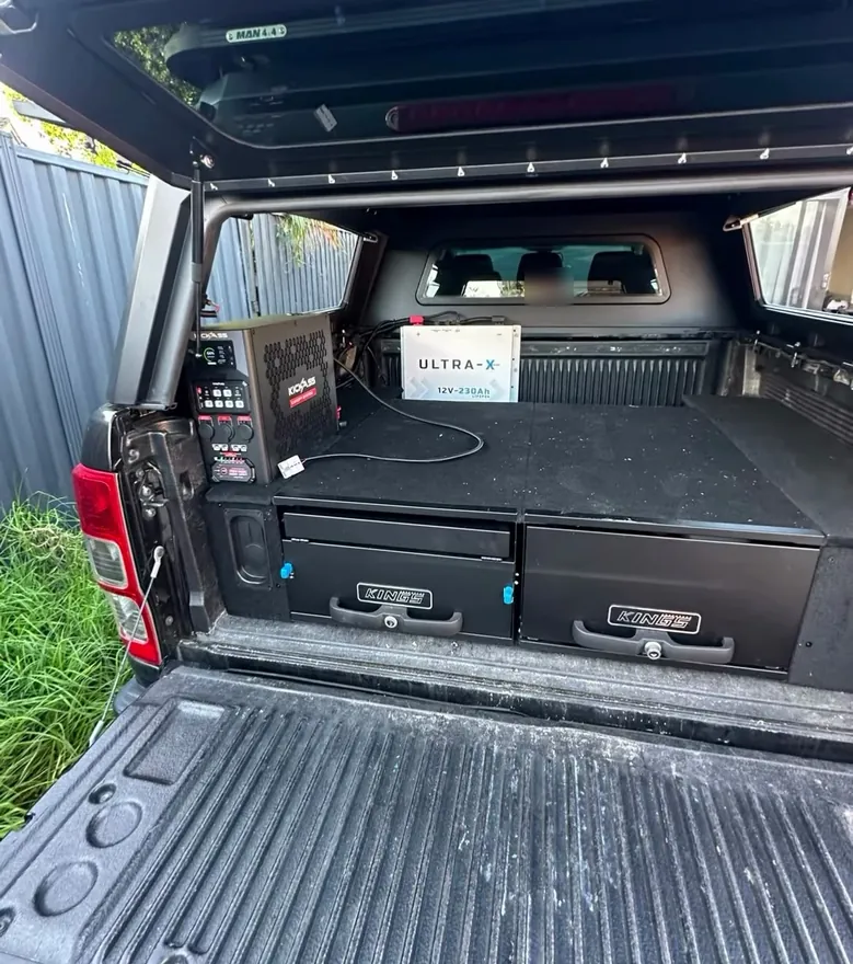 Ute canopy with drawers, a KickAss Ultra-X lithium battery and a KickAss power unit