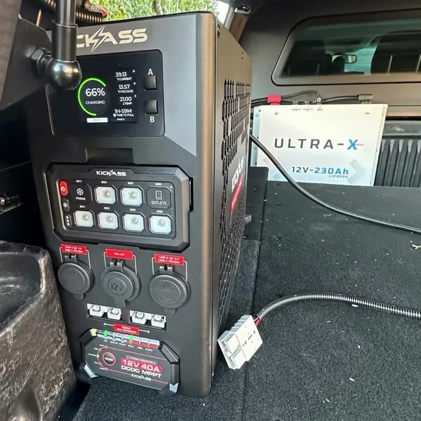 KickAss power unit with a charge display, switch panel, USB and 12V outlets and a DC to DC charger, with an Ultra-X lithium battery behind it